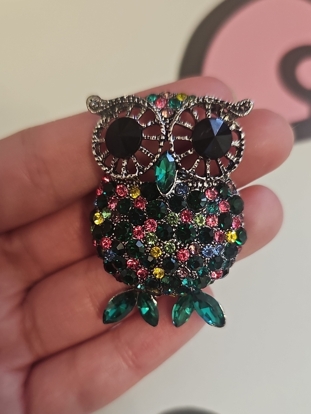 Owl Brooch Multicolored Rhinestones Beautiful Design Witch Wisdom